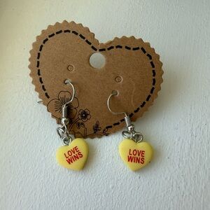 Handmade Yellow Conversational‎ Heart 'Love Wins' Earrings